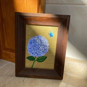 Hand painted Framed Floral Painting with Blue Butterfly New